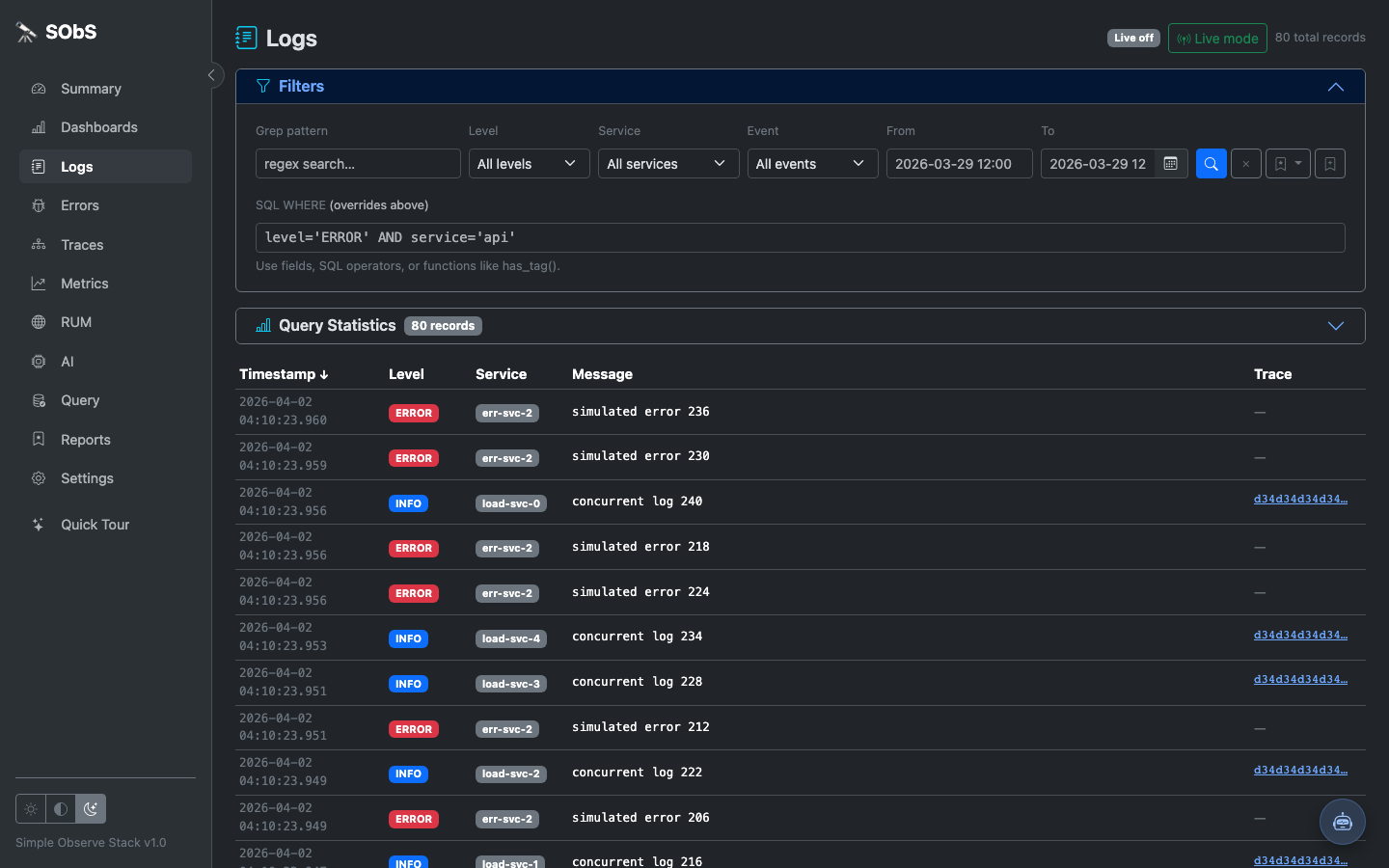 Logs view screenshot