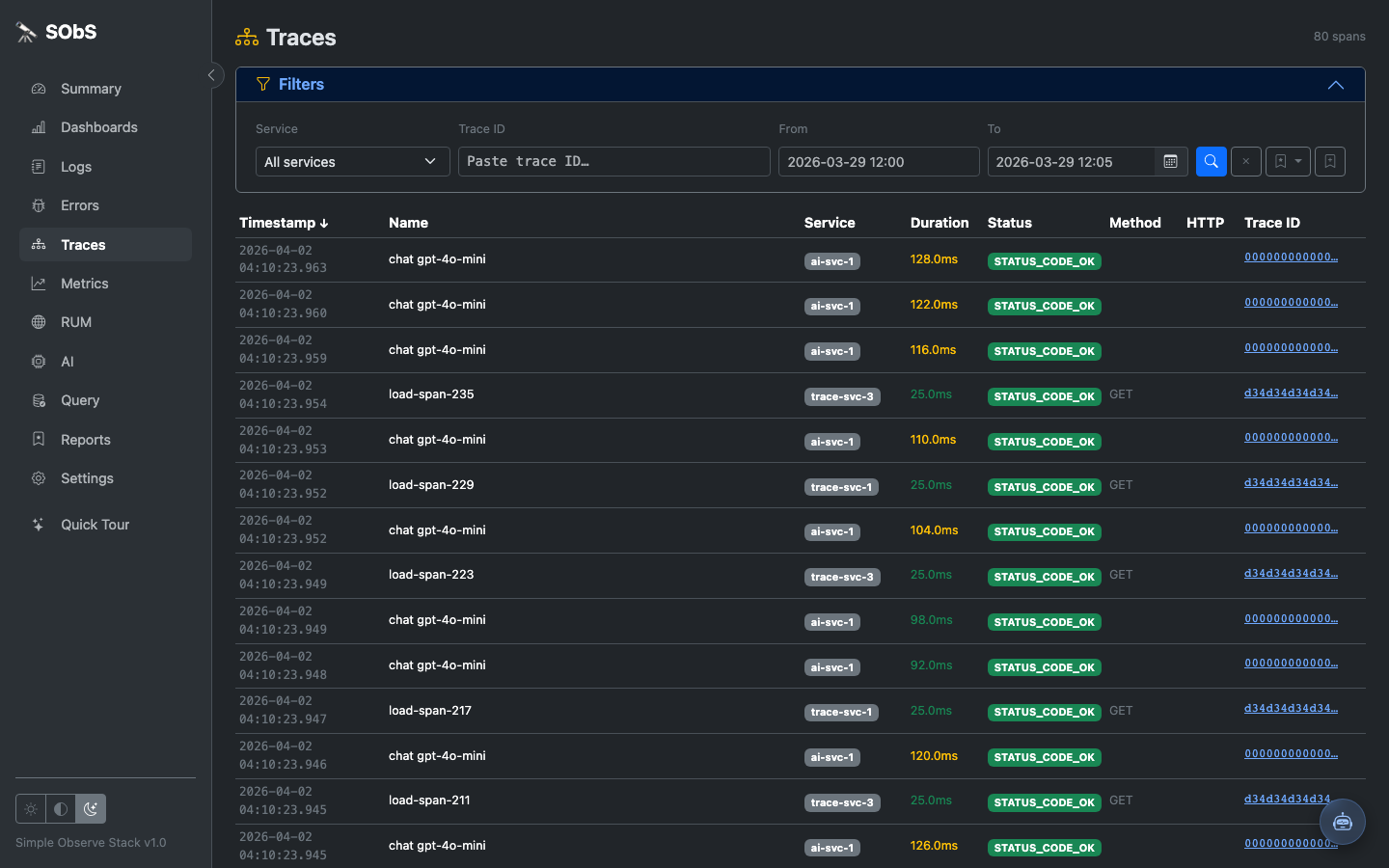 Traces view screenshot